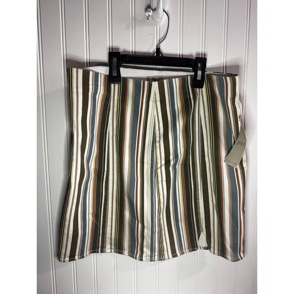 Jolt Womens Multi Color Vertical Stripe Mini Skirt Olive Blue Rust Size Medium